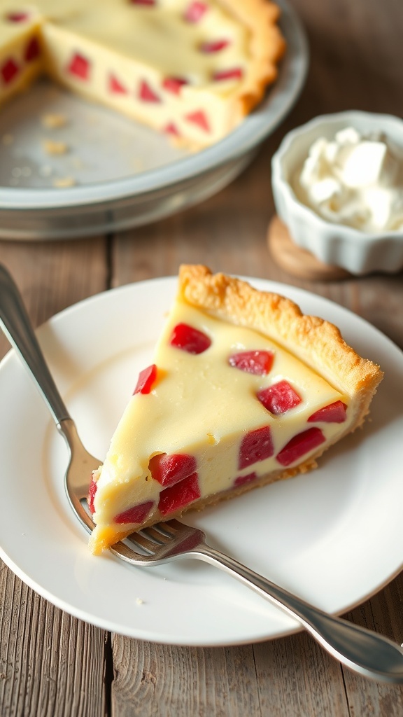 Crustless Rhubarb Custard Pie Recipe Slice of crustless rhubarb custard pie on a plate with rhubarb pieces, served with whipped cream.